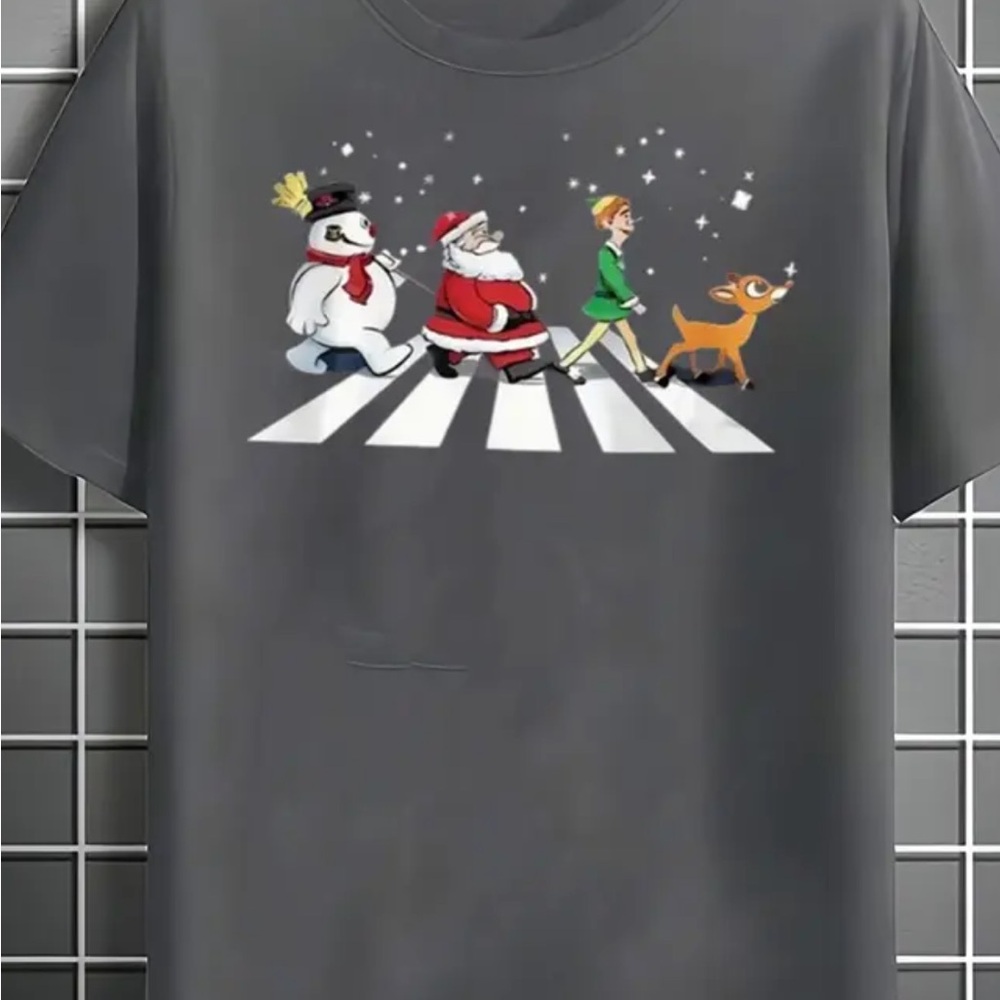 Army Greenish/gray T-Shirt with Festive Characters Crossing the Street